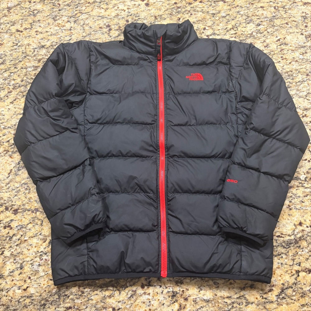 The North Face Boys XL 18/20 Black 550 Down Puffer Jacket Red Zip Coat
